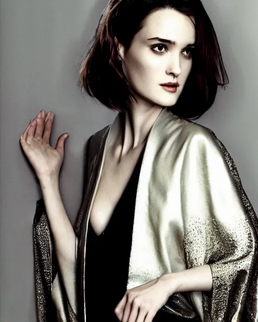 Prompt: beautiful young winona ryder wearing a futuristic metal kimono, half body portrait, greg kutkowski, sharp details, soft lighting, subsurface scattering, pearls of sweat, glistening skin, warm lighting