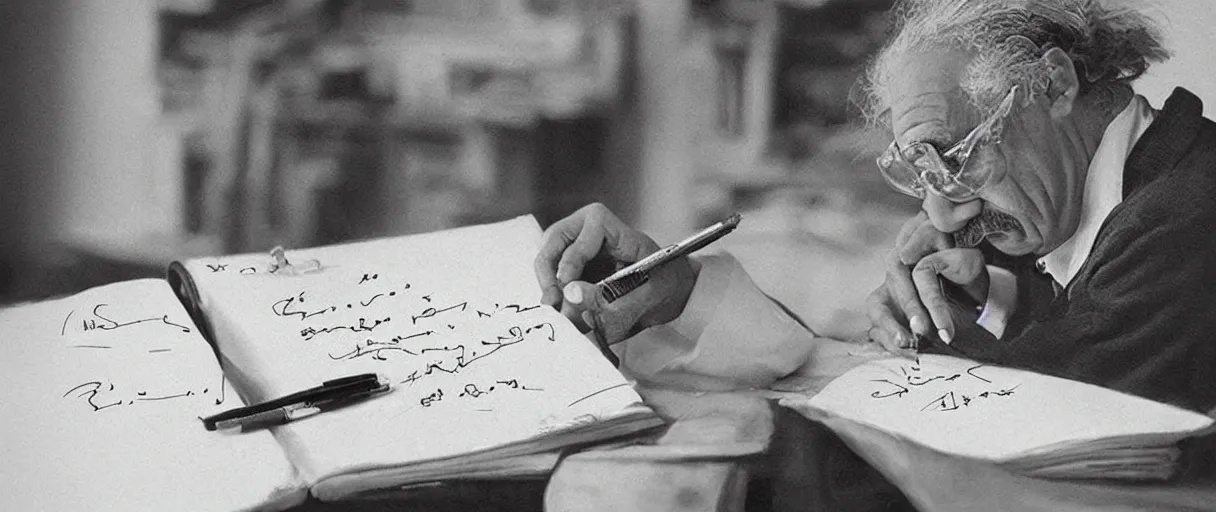 Image similar to “ a extremely detailed stunning portraits of einstein writing notes in laboratory by allen william on artstation ”