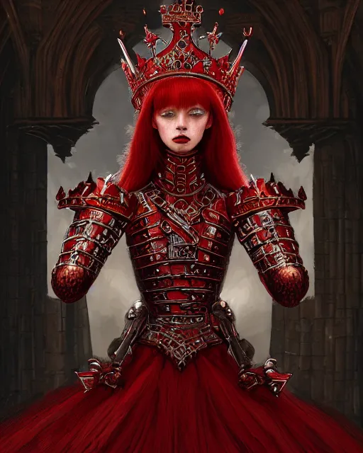 Image similar to redhead queen knight in red armor, inside an epic gothic castle, baroque, large crown, face with scars, intimidating, ominous, high fantasy, intricate detail, digital painting, artstation, concept art, smooth, sharp focus, illustration, art by yoshitaka amano and monia merlo and wlop