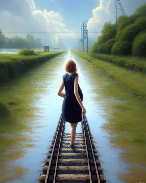 Image similar to shallow reflective water completely covers submerged train tracks as a girl walks along carrying her shoes, there is a train station in the distance, large white clouds on a wide horizon, intricate, elegant, highly detailed, digital painting, artstation, concept art, smooth, sharp focus, illustration, art by artgerm and greg rutkowski and fra angelico