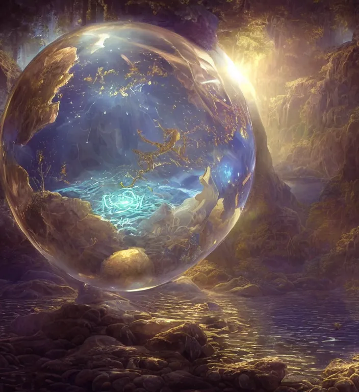 Image similar to a magical and exquisite fantasy illustration of an intricate and faceted crystal ball with a world inside of it + in water + prism + god rays + dramatic lightning + backlit + specular highlights + ambient occlusion + global illumination + bump map + reflective + caustics + refractive + unreal engine 5 + DOF + sharp focus, digital artwork by Peter Mohrbacher and Greg Rutkowski