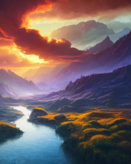 Image similar to A real photographic landscape painting with incomparable reality . Overlooking the mountains and rivers , lakes , clouds and sunshine ,burning clouds , Colorful world ,fairy tale , light effect , Dream , Dindar light , Greg Rutkowski , unreal engine , Super realistic painting style ,UE4,4k, UHD , super wide ,wlop ,artstation.