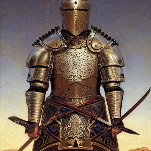 Prompt: orientalist portrait of an aged knight wearing plate armor standing in front of petra jordan intricate artwork by Fabio Fabbi and john william waterhouse and Edwin Longsden Long and Nasreddine Dinet and Theodore Ralli trending on artstation, very coherent symmetrical artwork high detail 8k