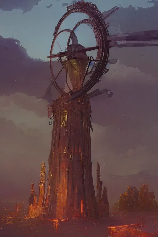 Image similar to temple of the giant windmill. Trending on Artstation highly detailed, digital painting, artstation, concept art, smooth, sharp focus, illustration, art by artgerm and greg rutkowski and alphonse mucha and Wayne Barlowe and Zdislav Beksinski and Francis Bacon