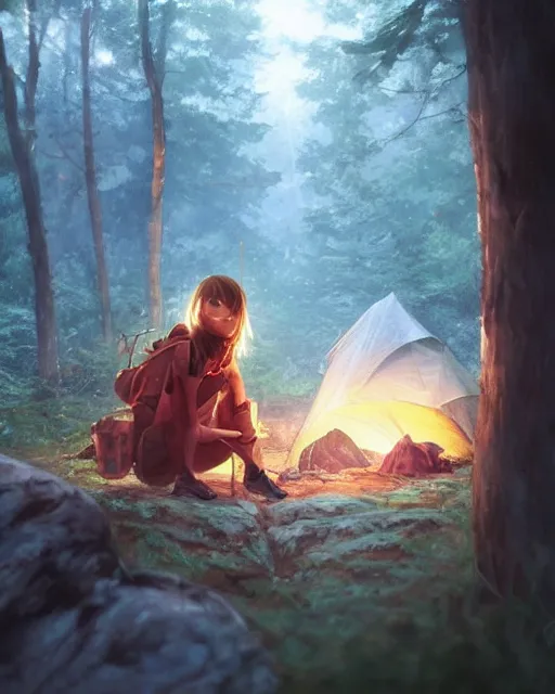 Image similar to A girl camping in the woods, Full shot, Atmospheric lighting, By Makoto Shinkai, Stanley Artgerm Lau, WLOP , Rossdraws, James Jean, Andrei Riabovitchev, Marc Simonetti, krenz cushart, Sakimichan, D&D trending on ArtStation, digital art.