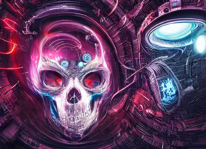 Prompt: a futuristic skull with glowing eyes and a wormhole tunnel cyberpunk art by android jones