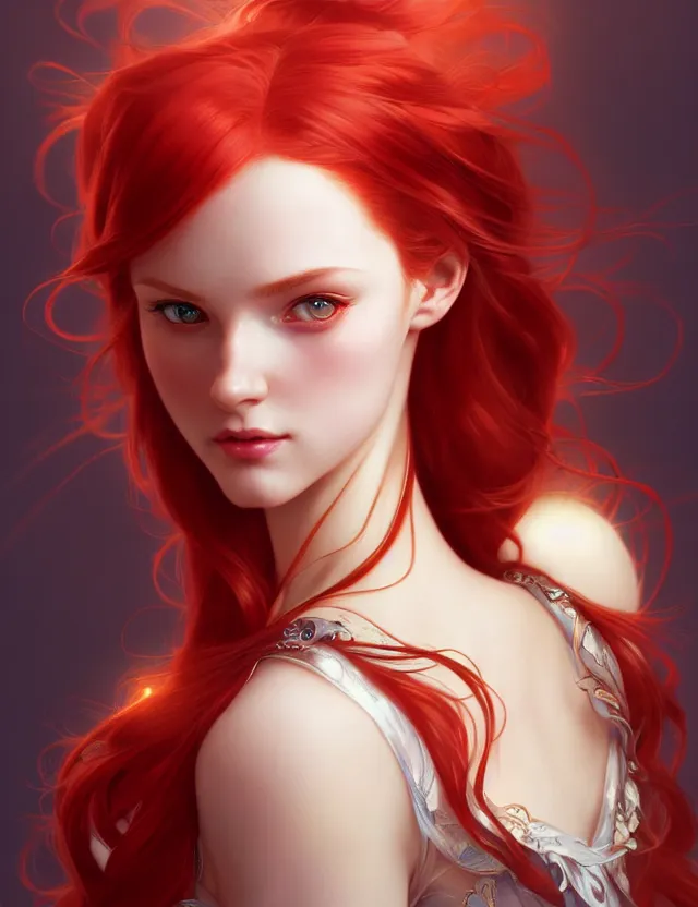 Prompt: beautiful magical girl, with red hair, wonderful eyes, over - detailed, elegant, intricate, dynamic lighting, hyperrealism, digital art, digital painting, artstation, wlop, clear focus, illustration, works by artgerm, greg rutkowski and alphonse mucha, 8 k