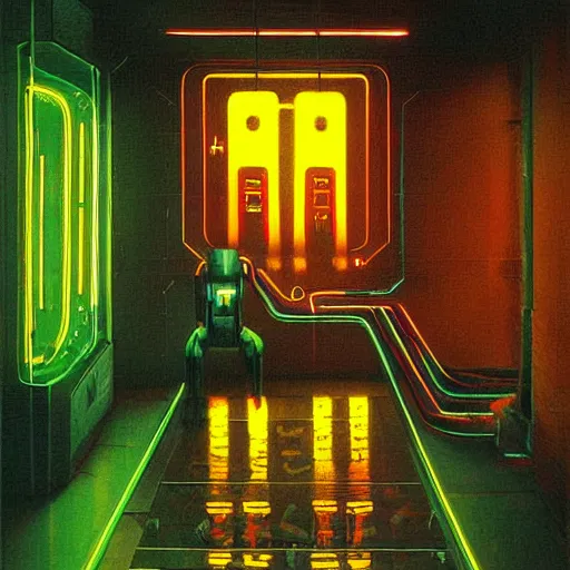 Image similar to cyberpunk robot with neon lights and exposed wiring, highly detailed beksinski style cyberpunk 2 0 7 7 painting