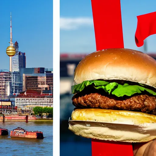 Prompt: Hamburger in Frankfurt and Frankfurter in Hamburg, hyper realistic, 8k, photo shot