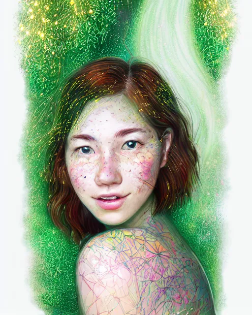 Image similar to shy young woman, smiling, amazed by the lights of golden fireflies, sitting in the midst of nature fully covered, long loose red hair, intricate linework, dreamy green eyes, small nose with freckles, oval shape face, realistic, expressive emotions, dramatic lights, spiritual scene, hyper realistic ultrafine digital art by james jean and albert bierstadt and artgerm