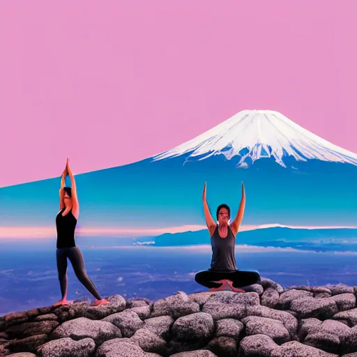 Image similar to two people doing yoga, on a ledge overlooking Mount Fuji - light pink coloring, 8k render octane,