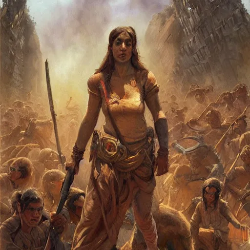 Prompt: woman among the horde, by James Gurney