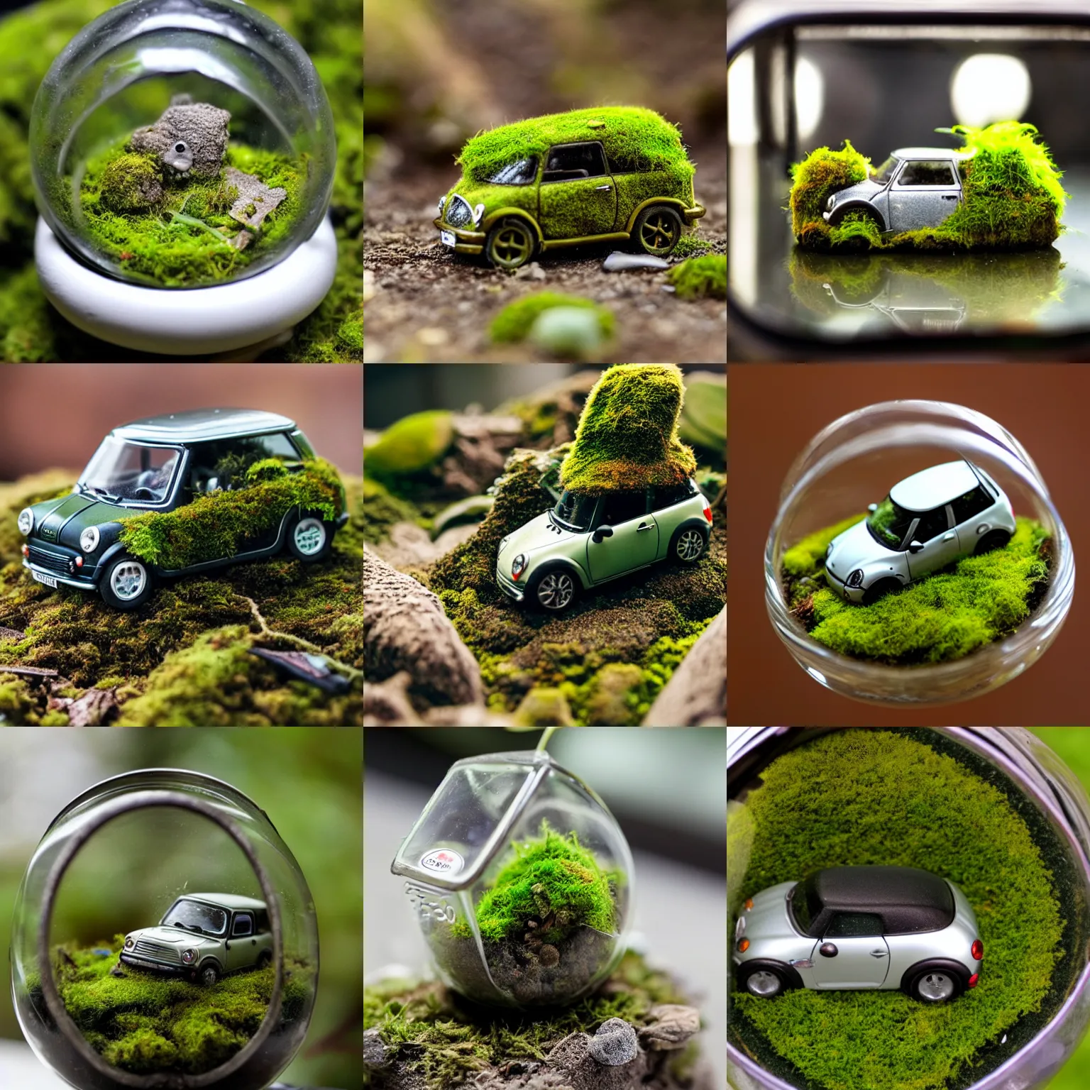 Prompt: Tiny mini-cooper in terrarium, covered in moss