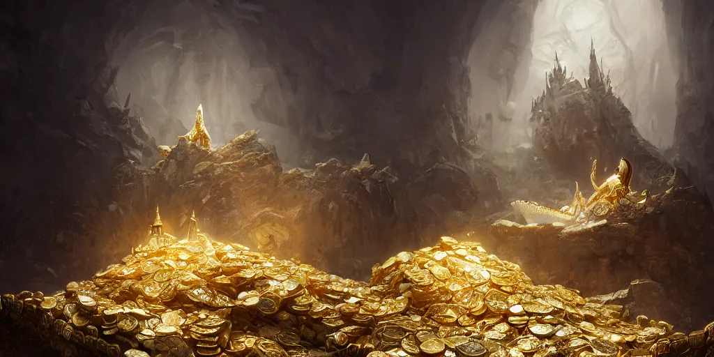 Image similar to concept art of a white scaled dragon laying on a mountain of golden coins and precious jewels inside a dark castle, medieval, dark concept art, jewels, gold, painting by wlop, nixeu and greg rutkowski, beautiful, semirealism, artstation, octane render, sharpness, 8 k, golden ratio