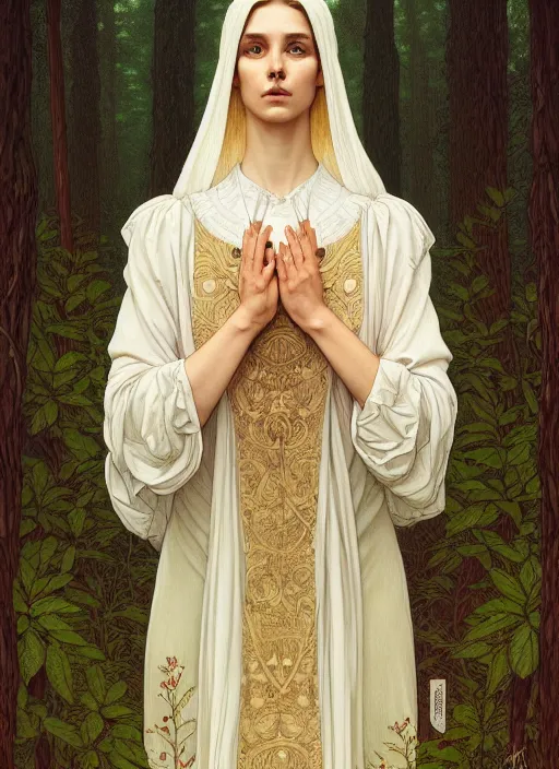 Image similar to symmetry portrait of welsh brunette student in mans tunic, embroidery, tomboy, short hair, intricate forest background, intricate, elegant, highly detailed, digital painting, artstation, concept art, smooth, sharp focus, illustration, art by artgerm and greg rutkowski and fra angelico and alphons mucha