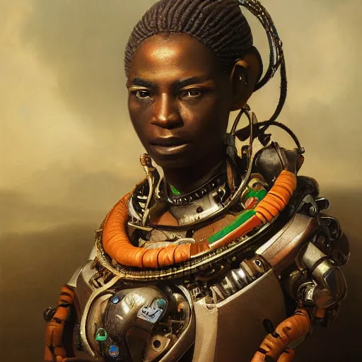 Prompt: Ultra detailed, 4K Portrait of a cyborg african woman by Rachel Ruysch