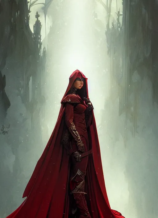 Image similar to person with no eyes wearing a dark red cape, fantasy, medieval wear, intricate, elegant, highly detailed, digital painting, artstation, concept art, smooth, sharp focus, illustration, art by artgerm and greg rutkowski, reimagined by alphonse mucha