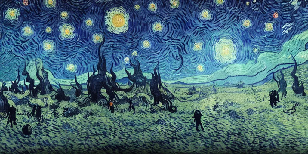 Image similar to outer space with eldritch terror in the middle of composition, cosmic horror, ultra realistic, highly detailed, HD, sharp focus, cinematic lighting, realistic, vivid colors, oil painting, non blurry, sharp, art by van Gogh