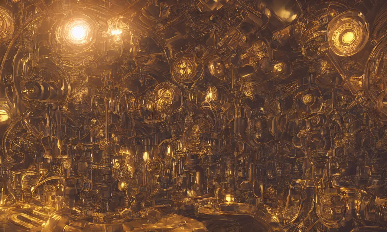 Image similar to steampunk engine laboratory 3 d volume kaleidoscope chakra digital color stylized concept substance natural color scheme, global illumination ray tracing hdr fanart arstation by sung choi and eric pfeiffer and gabriel garza and casper konefal