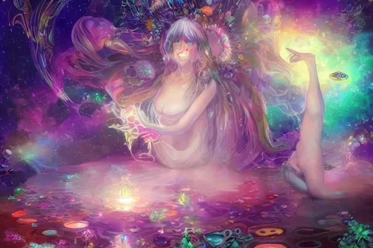 Image similar to yoni, yoni art, psychedelic, whimsical, 4k, beautiful, a crystal and flower, reflective pool, surrounded by gems, underneath the stars, rainbow fireflies, trending on patreon, deviantart, twitter, artstation, volumetric lighting, heavy contrast, art style of Greg Rutkowski and Miho Hirano and Ross Tran