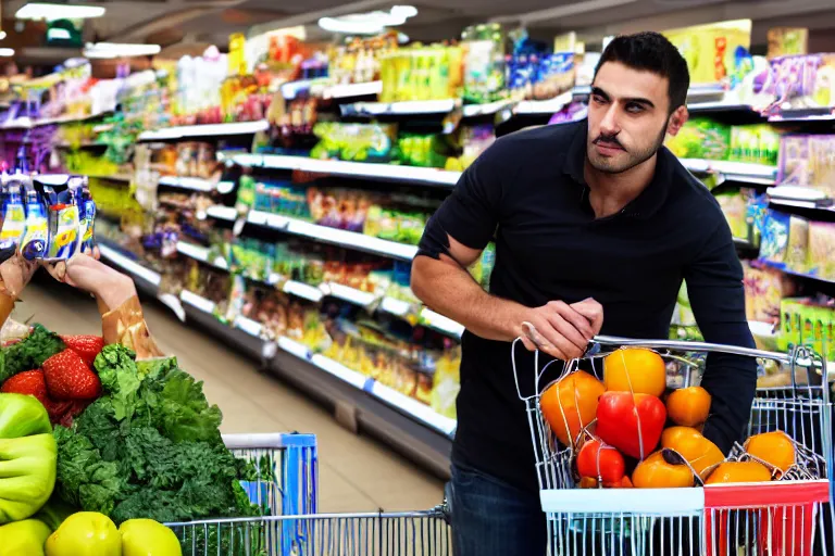 Prompt: werewolf buying groceries at supermarket