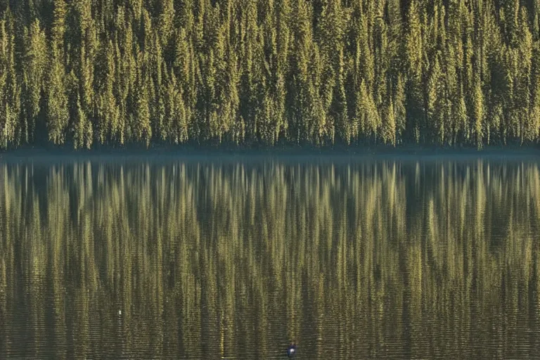Prompt: soundwaves on a lake that turns into trees