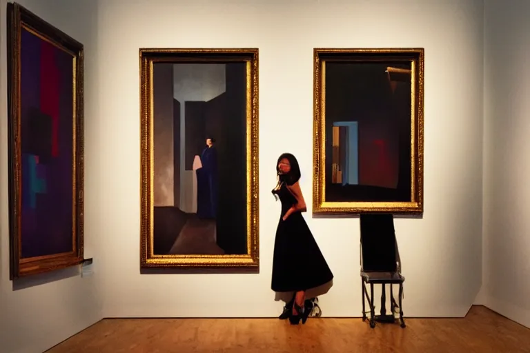 Image similar to a gorgeous woman with a black dress waiting inside a 9 0 s art gallery exhibition, colors americana, cinematic, volumetric lighting, ultra wide angle view, realistic, detailed painting in the style of edward hopper