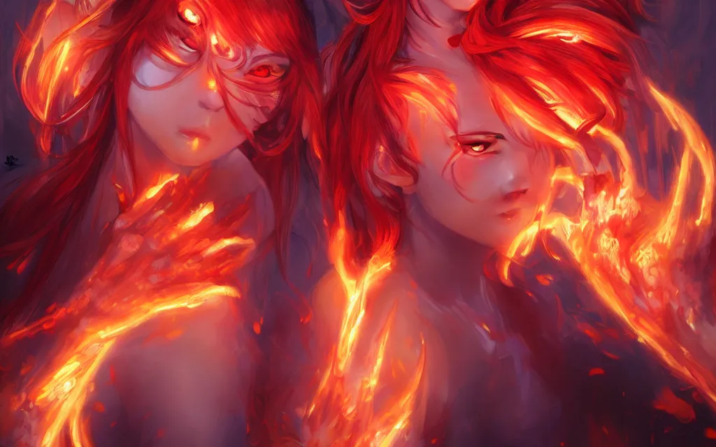 Image similar to A realistic anime portrait of a beautiful fire spirit twins with glowing red eyes and firey skin wearing clothes made of flames, digital painting, by Stanley Artgerm Lau, Sakimichan, WLOP and Rossdraws, digtial painting, trending on ArtStation, SFW version