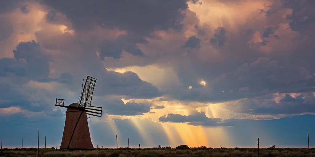 Prompt: photo of a stormy west texas sunset, perfect rustic windmill, film photo, lightning, golden hour, high quality, beautiful!!!