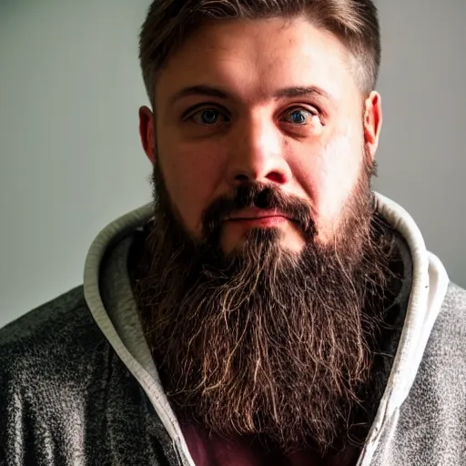 Image similar to fish eye lens close up photograph of a man with a goatee side eyeing the camera with a sympathetic look