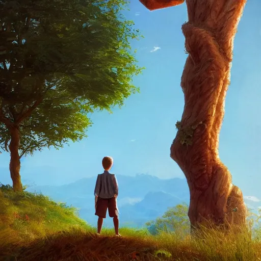 Prompt: A boy standing next to a tree looking at the blue sky with a beautiful river in front of him, Graceful body structure,cute,Symmetrical face,highly detailed,elegant,Marc Simonetti and Caspar David Friedrich, Trending on artstation