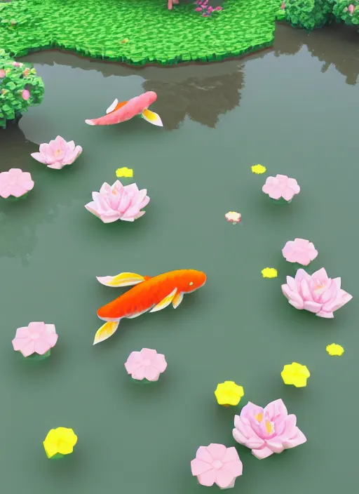 Image similar to pastel cute voxel art of a koi pond, behance, artstation, cute, Japanese, 3d render, unity, beautiful lighting, extremely beautiful, Huang Guangjian and Gil Elvgren and Sachin Teng , Greg Manchess