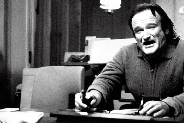Prompt: Robin Williams as Jack Torrance sitting at desk using typewriter in The Shining 1980