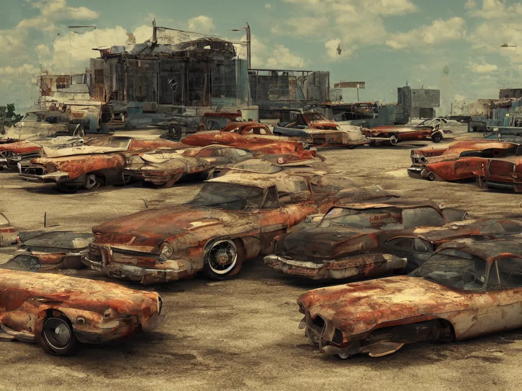 Image similar to an abandoned junkjard full of rusty dream cars from the fifties, 1 6 mm wideangle lens, volumetric lighting, octane render, artstation