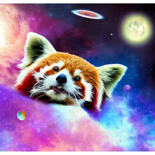 Image similar to Red Panda in space in front of a purple nebula