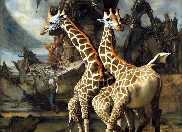 Prompt: giraffe and shark fighting with swords by edgar maxence and caravaggio and michael whelan and delacroix style, artistic, intricate drawing, light brazen, realistic fantasy, extremely detailed and beautiful aesthetic face, establishing shot, 8 k resolution, dramatic lighting