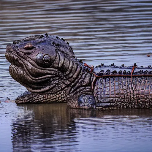 Image similar to man's face with clocks covering his eyes, looking at the camera walking near lake with crocodiles, high detail, soft lighting, intricate, 8 k