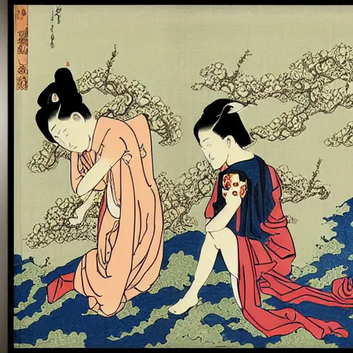 Prompt: fallen angels by wong kar - wai depicted in a hokusai inspired triptych painting