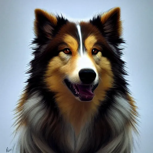 Prompt: a weredog shetland sheepdog, elegant, highly detailed, digital painting, concept art, smooth, sharp focus, illustration, art by artgerm and greg rutkowski and alphonse mucha,artstation,deviantart,FAN ART,Unreal Engine,face enhance,8K,golden ratio,cinematic lighting H 704