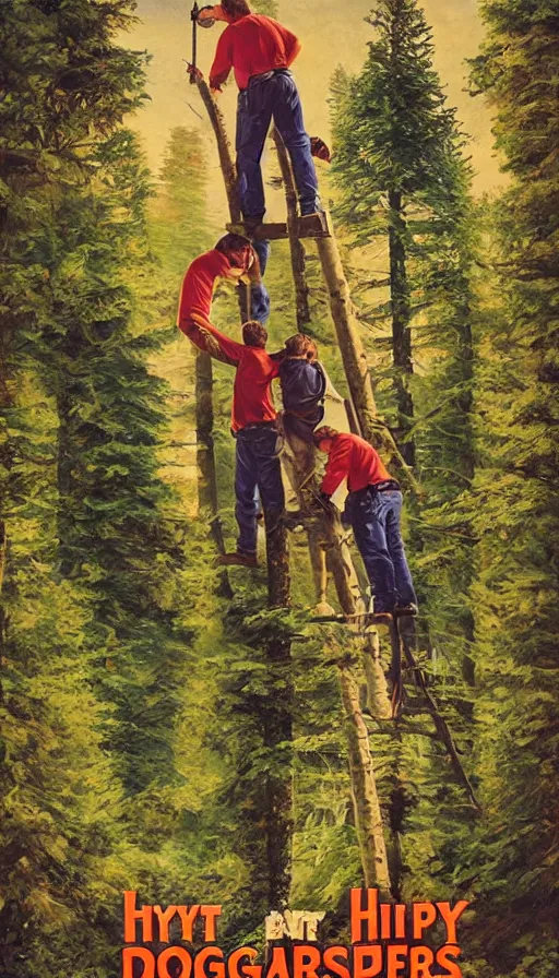 Image similar to movie poster of loggers, cutting douglas firs, highly detailed, hyper realistic, large text, bright colours