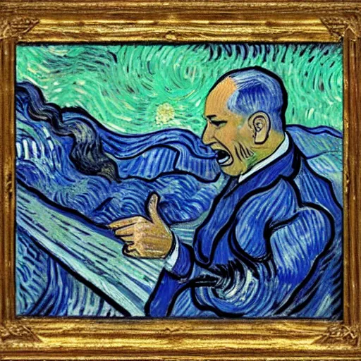 Image similar to portrait of benjamin netanyahu screaming, by vincent van gogh, high quality, highly detailed, photorealistic lighting