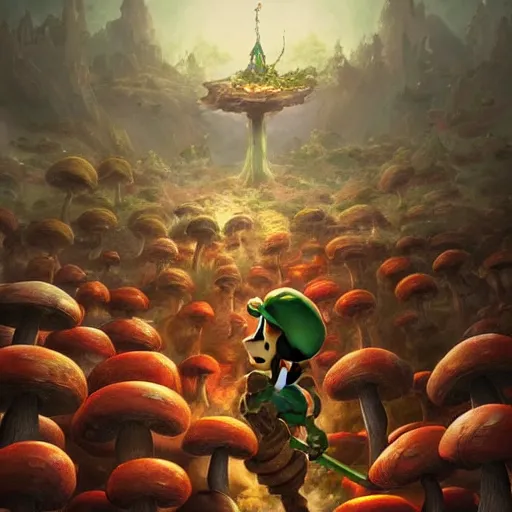 Image similar to Luigi made of earth and molten metal with heavy knight armor in the style of anime by Peter Mohrbacher, Matte painting of mushroom kingdom in background, hundreds of red and white spotted mushrooms in distance anime trending on artstation, HD, 4k,