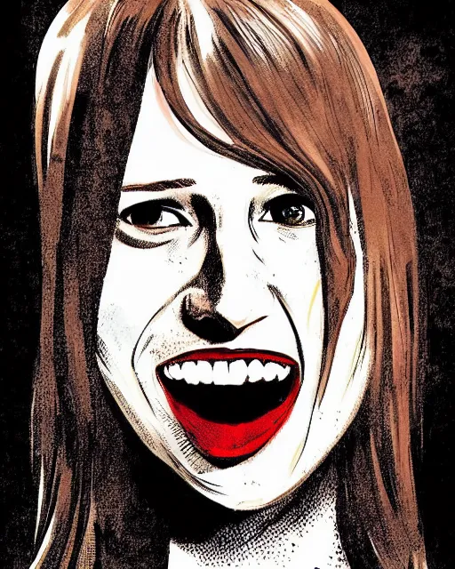 Prompt: in the style of Rafael Albuquerque comicbook art, beautiful vampire Taissa Farmiga, sharp vampire teeth, sarcastic smile showing teeth, symmetrical eyes, realistic face, symmetrical face, brown leather jacket, jeans, long black hair, full body