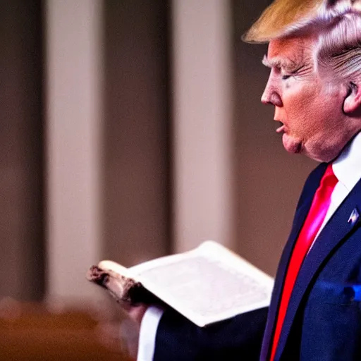 Image similar to Cinematic still of Donald Trump holding a Bible, speaking in a Baptist church in rural Alabama
