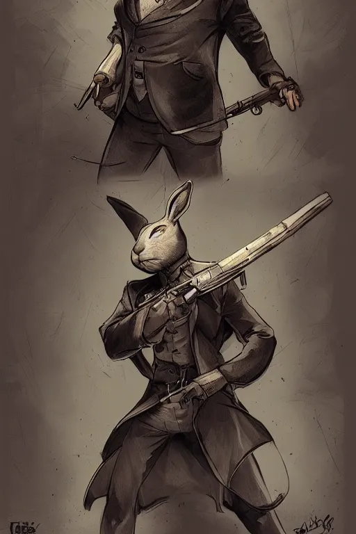 Image similar to rabbit as a hitman, dynamic lighting, fantasy concept art, trending on art station, stunning visuals, creative, cinematic, ultra detailed, comic strip style