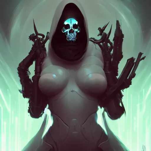 Image similar to portrait of a cybernetic grim reaper, cyberpunk concept art by pete mohrbacher and artgerm and wlop and greg rutkowski and deathburger, digital art, highly detailed, intricate, sci - fi, sharp focus, trending on artstation hq, deviantart, unreal engine 5, 4 k uhd image