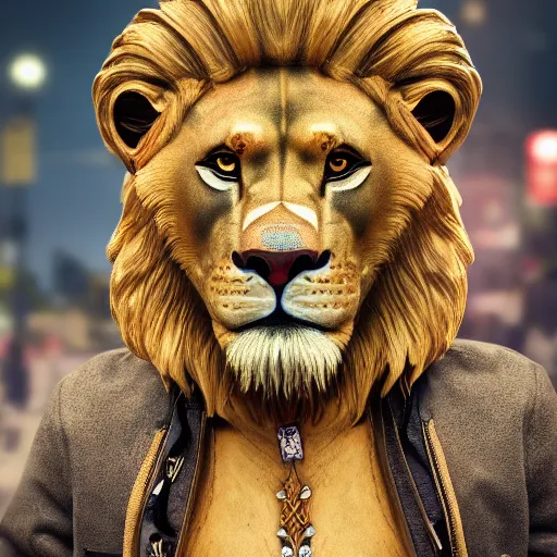 Image similar to scene of an anthropomorphic lion at a protest movement exquisite detail lion in hippie clothes, Streetwear, hippie fashion, protest movement, trending on artstation, bokeh, incredible detail, Graeme Base, 8k detail, gi, global illumination, physically based rendering, photoreal, small details, intricate complexity