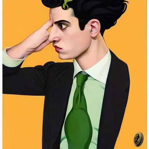 Image similar to Young Spanish man is Super Spy Captain, the Electric Boy, Art by Joshua Middleton, socks, Rene Magritte, succulent plants Chalk white skin, deep purple hair, Green eyes, Orange background, Mucha, Portrait of the man, surreal, ,carbon black and antique gold