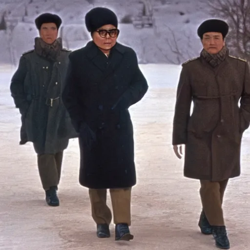 Image similar to filmstill of Kim Jong-il wearing a chapka in the role of Omar Sharif in Doctor Zhivago by David Lean, 1965, cinemascope, Eastman Color Negative 50T 5251 Neg. Film, epic romance