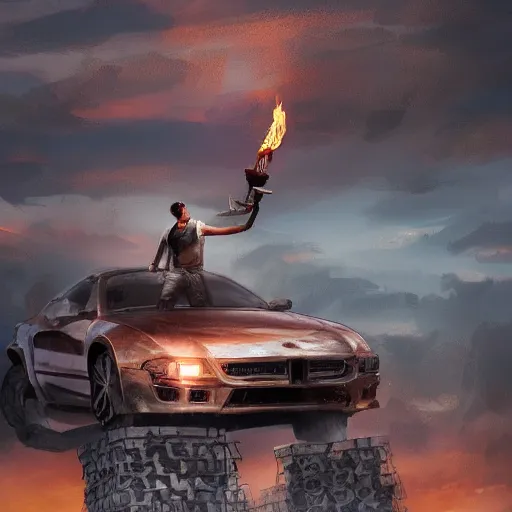 Image similar to man standing on a pile of cars, torch in hand, sunset, concept art, intricate details, highly professionally detailed, cgsociety, highly detailed -